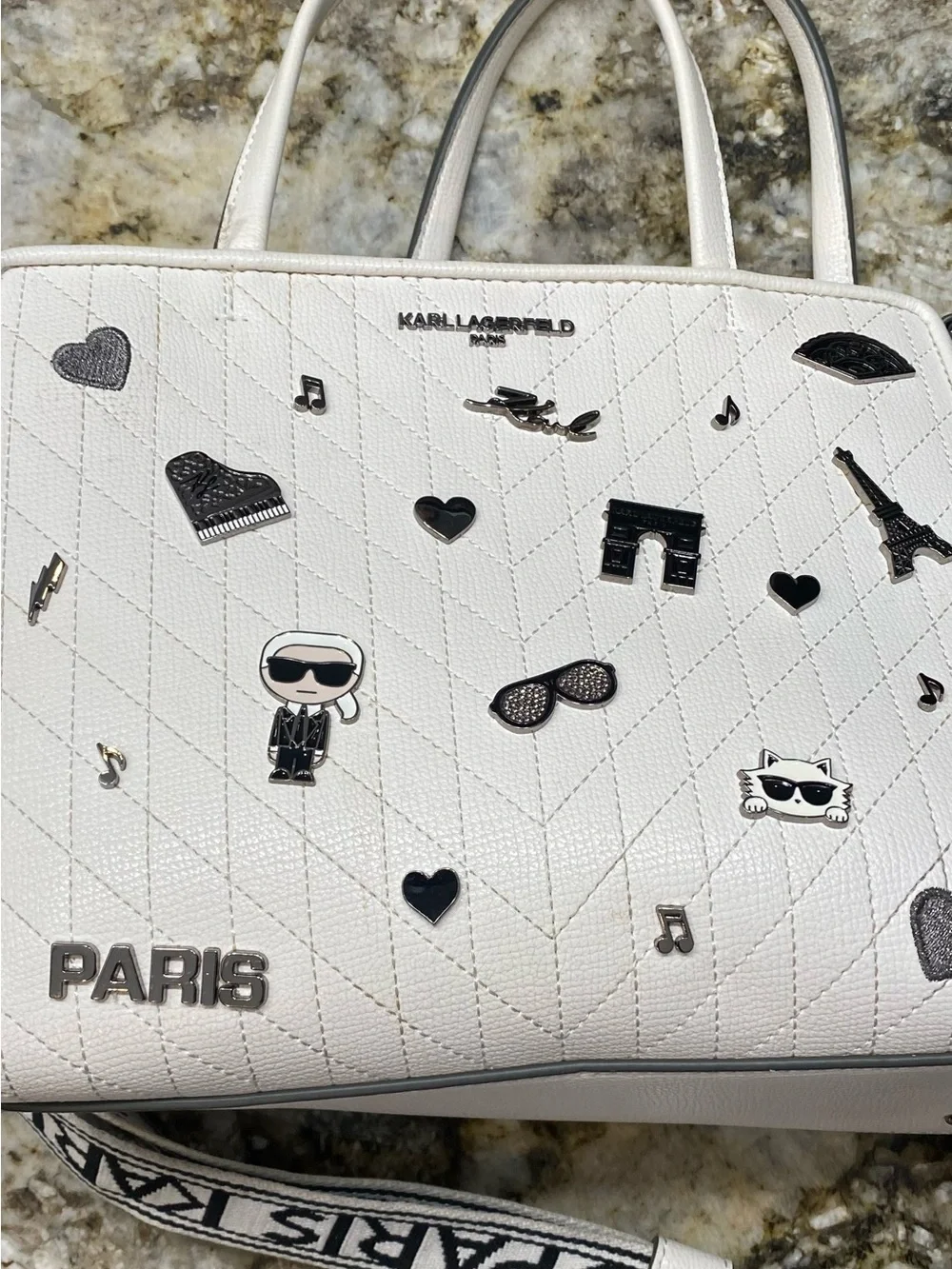 Karl Lagerfeld White Quilted Embellished Shoulder Bag